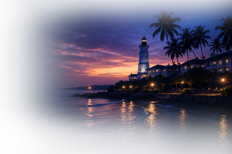 Lighthouse and waterfront at sunset in Goa